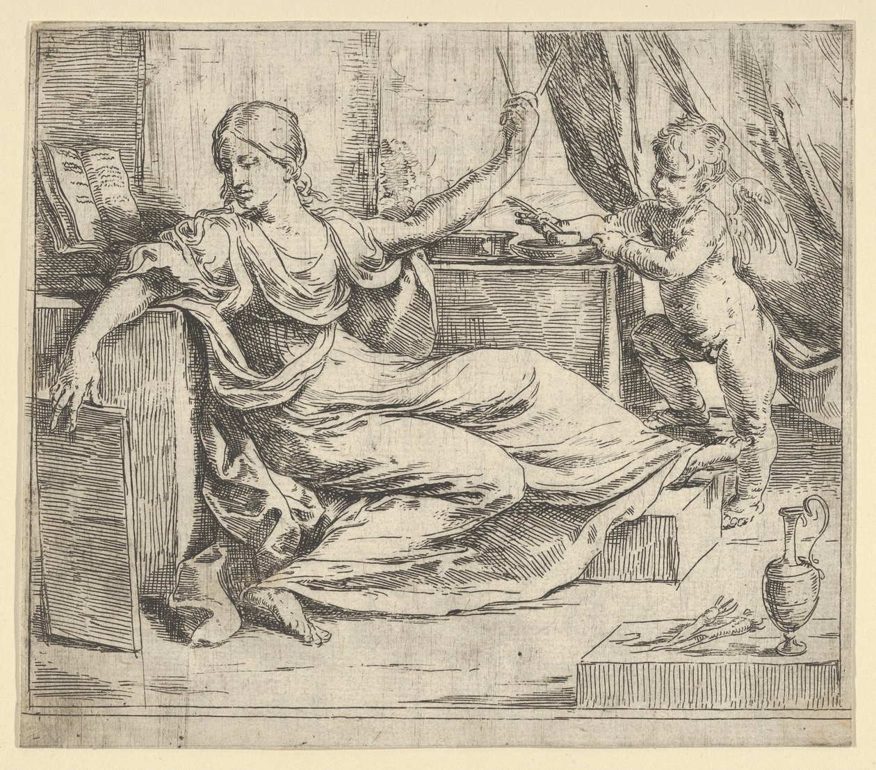 Istuva nainen pitelee tablettia ja kompassia allegoria oppimisesta, siivekäs putto ..., n. 1600-1640. tekijältä Guido Reni