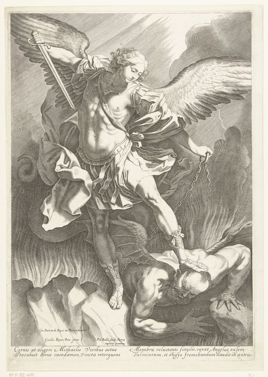Arkkienkeli Pyhä Mikael voitti paholaisen, kaiverrus Pieter de Bailliu, 1623-60 tekijältä Guido Reni