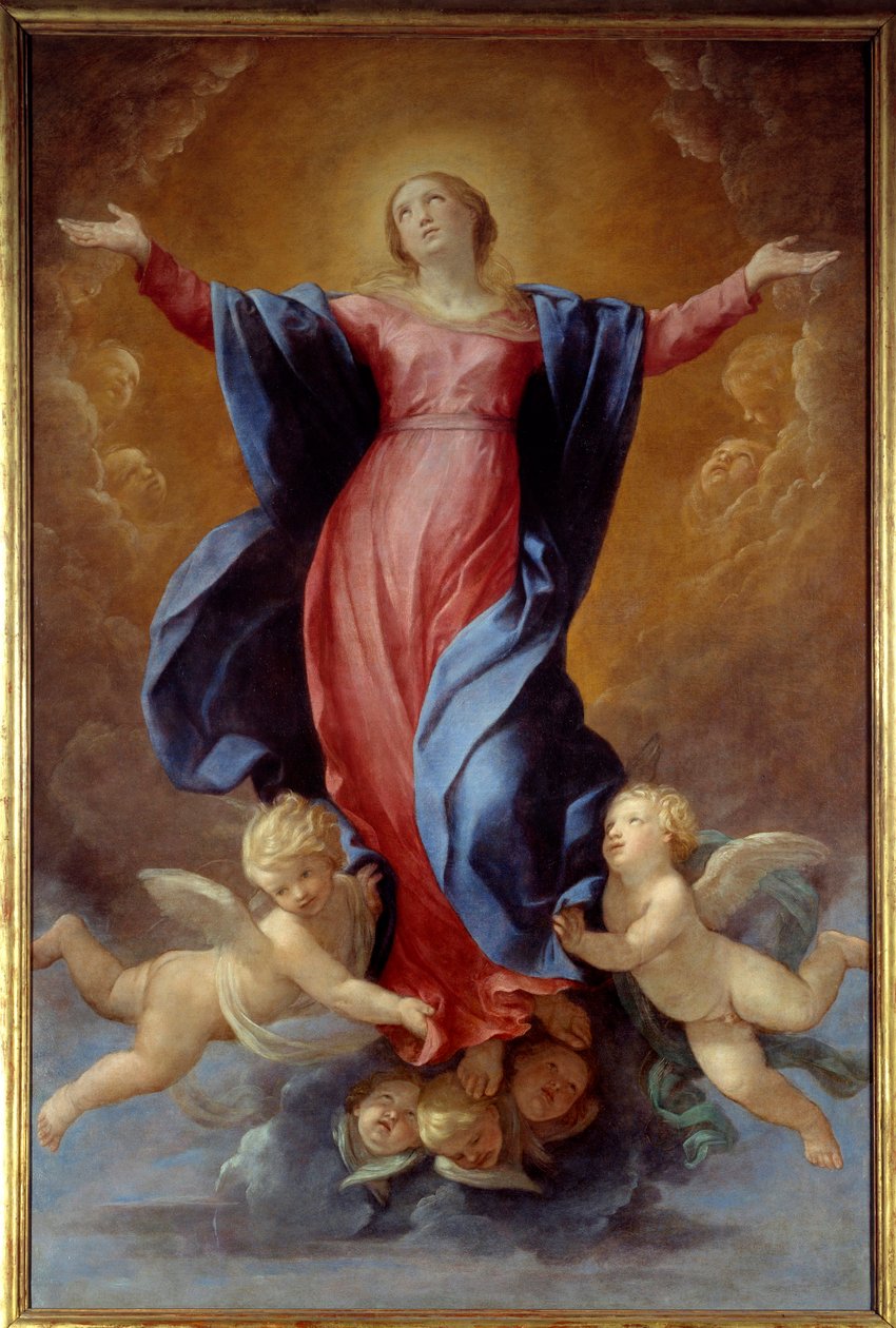 Guido Renin Neitsyt taivaaseenastumisen maalaus nimeltään Opas (1575-1642) 1637 Sun. 2,42x1,6 m Lyon, Musee des Beaux Arts tekijältä Guido Reni