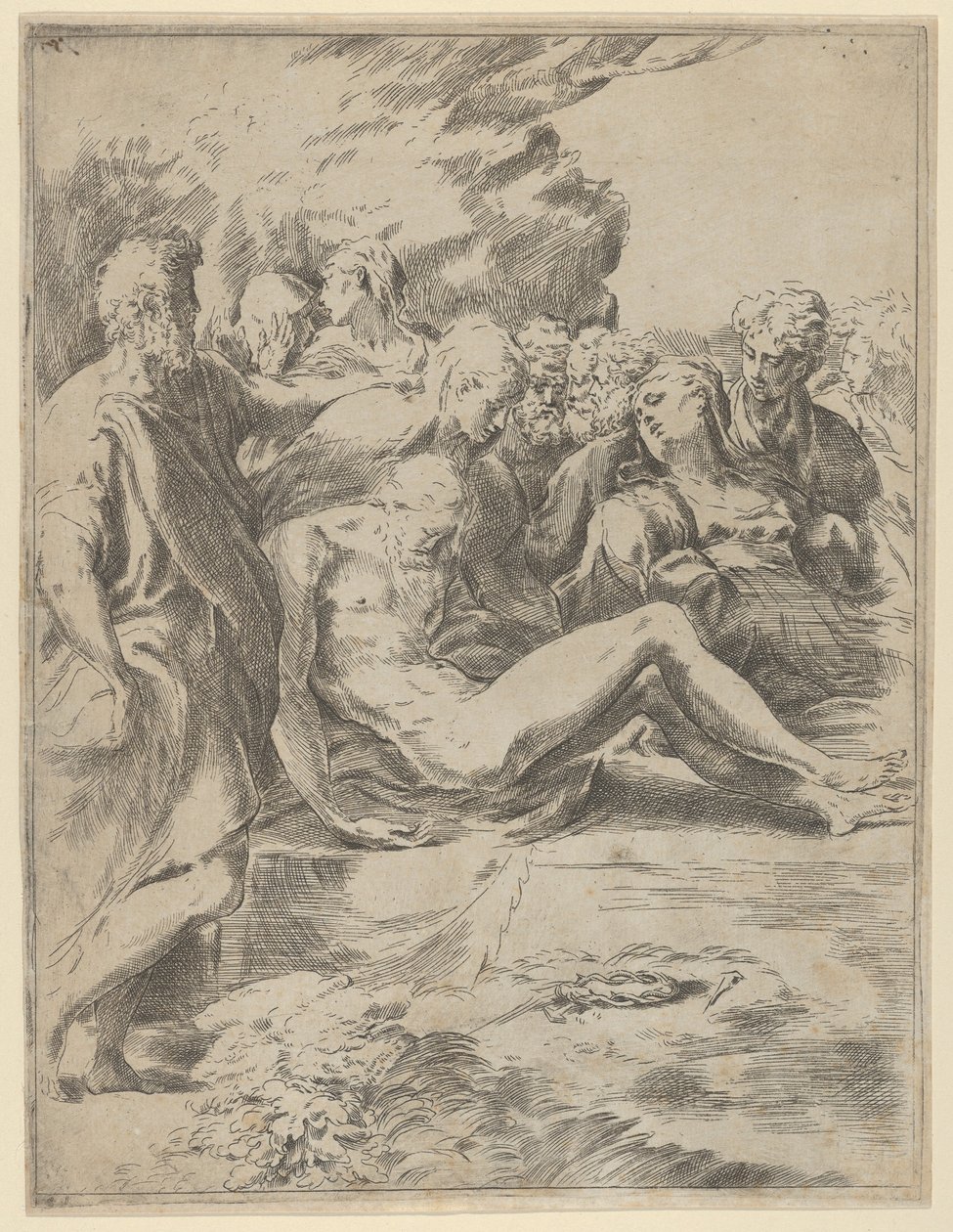 Hautaus, Kristus jalat ojennettuina, Neitsyt oikealla, 1590-1600. tekijältä Guido Reni