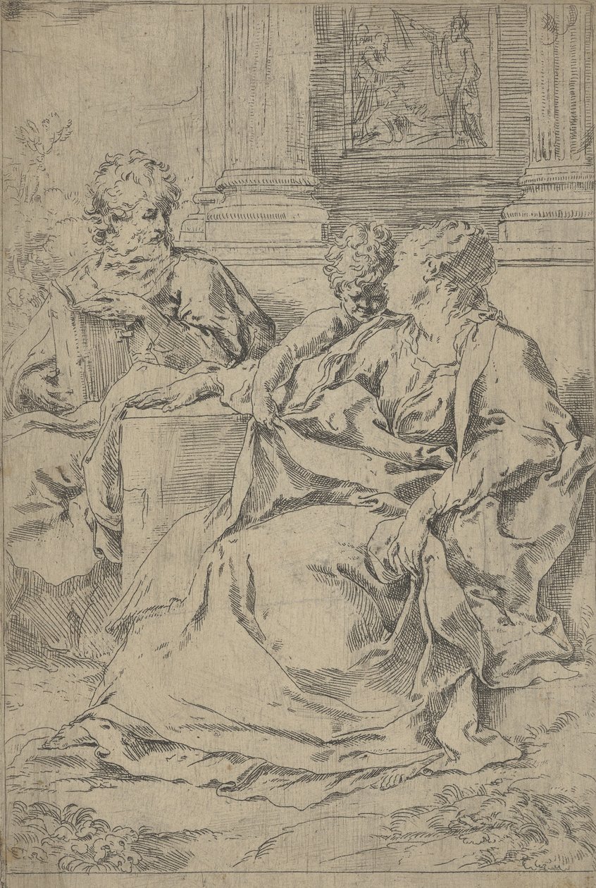 Pyhä perhe istui yhdessä kolonadin edessä, Pyhä Joosef lukee ja..., n. 1590-1610. tekijältä Guido Reni