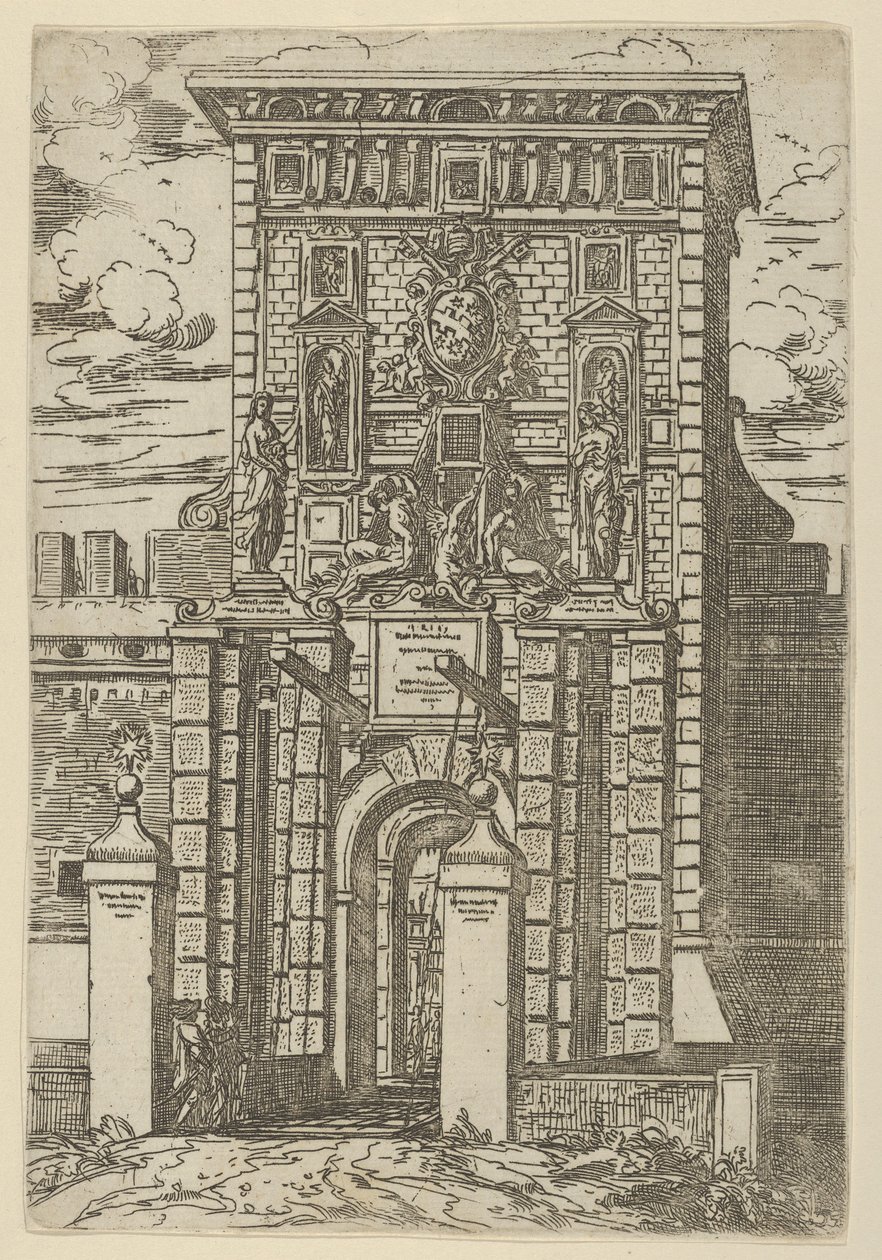 Porta Galliera, Bolognan sisäänkäynnin portti ja laskusilta väliaikaisilla koristeilla..., 1598. tekijältä Guido Reni