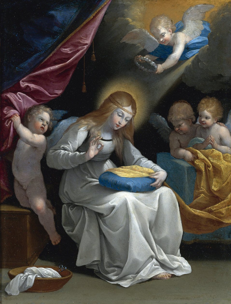 Neitsyt ompelu, mukana neljä enkeliä (La Couseuse) par Reni, Guido (1575-1642). Öljy kuparille, koko: 28,5x21,5, , Yksityiskokoelma tekijältä Guido Reni