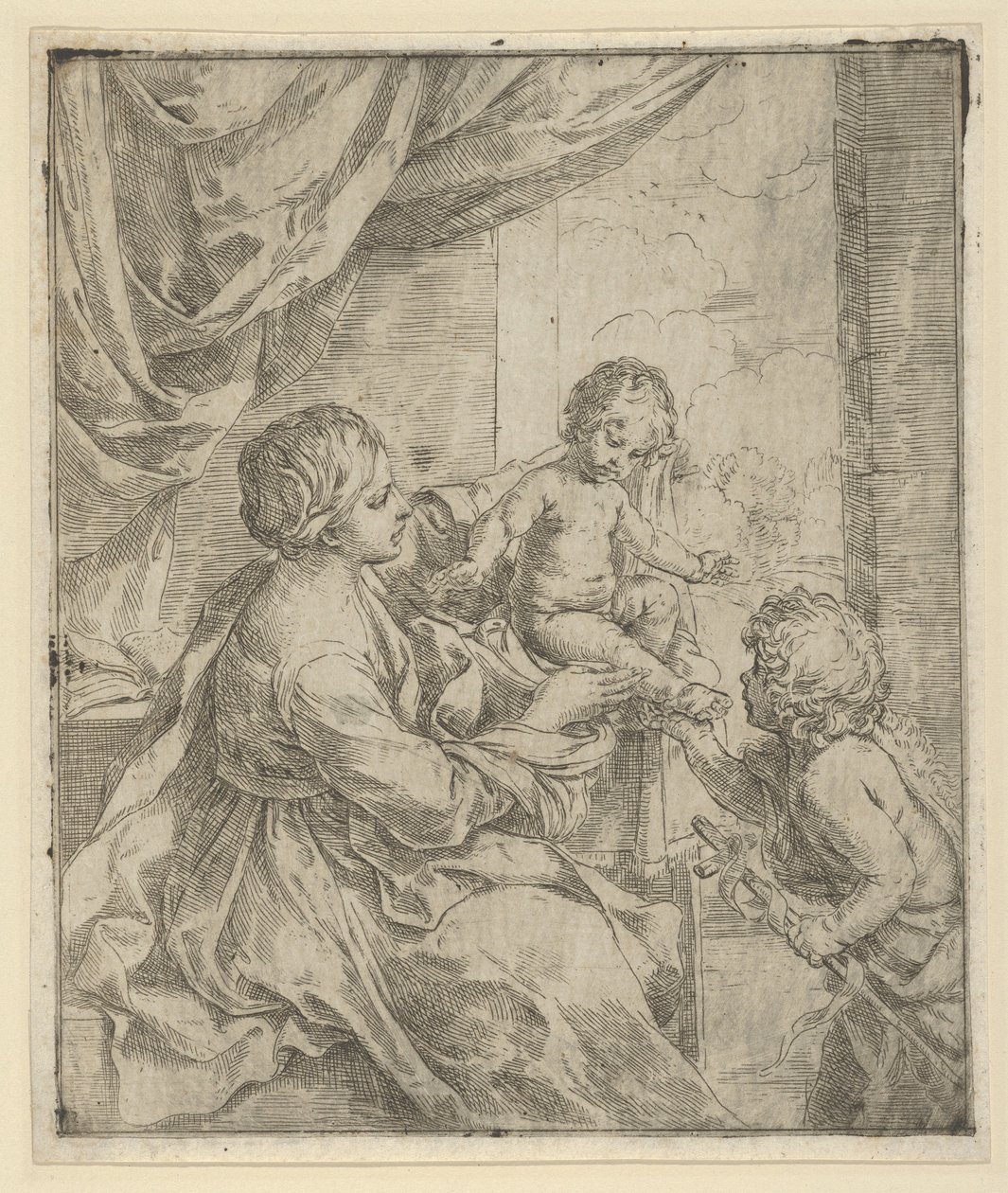 Neitsyt ja lapsi pöydässä nuoren Johannes Kastajan kanssa, n. 1600-1640. tekijältä Guido Reni