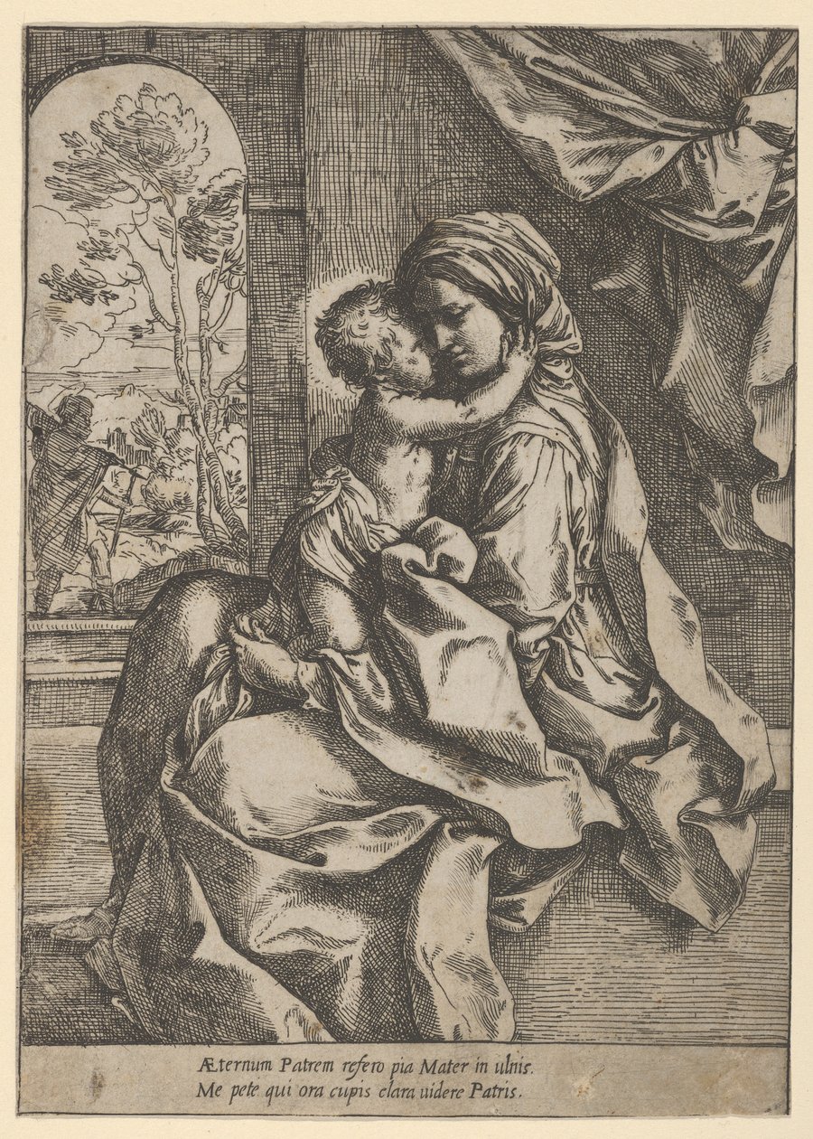 Neitsyt istuu Kristuslapsi sylissään syleilemässä häntä, Joosef näki..., n. 1600-1613. tekijältä Guido Reni