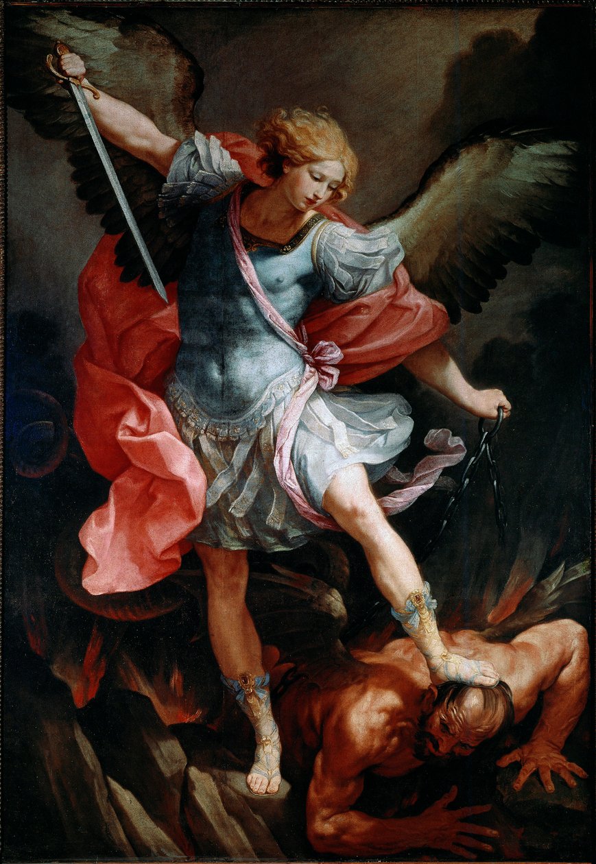 Arkkienkeli Pyhä Mikael murskaa demonin pään Guido Renin silkkimaalaus nimeltä Opas tekijältä Guido Reni