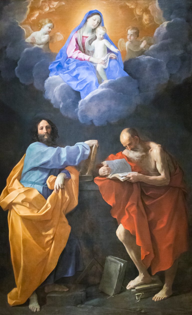 Neitsyt kunniassa pyhien Tuomaan ja Hieromuksen kanssa (öljy kankaalle) tekijältä Guido Reni
