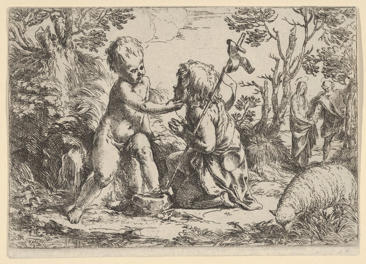 Nuori pyhä Johannes Kastaja polvistumassa Kristuksen lapsen edessä, joka hyväilee hänen f..., n. 1600-1640. tekijältä Guido Reni