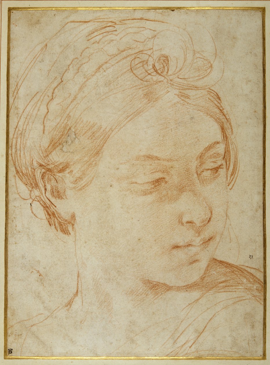 Nuoren naisen pää, käännettynä katsomaan vasemman olkapäänsä yli (punainen liitu valkoisella paperilla) tekijältä Guido Reni