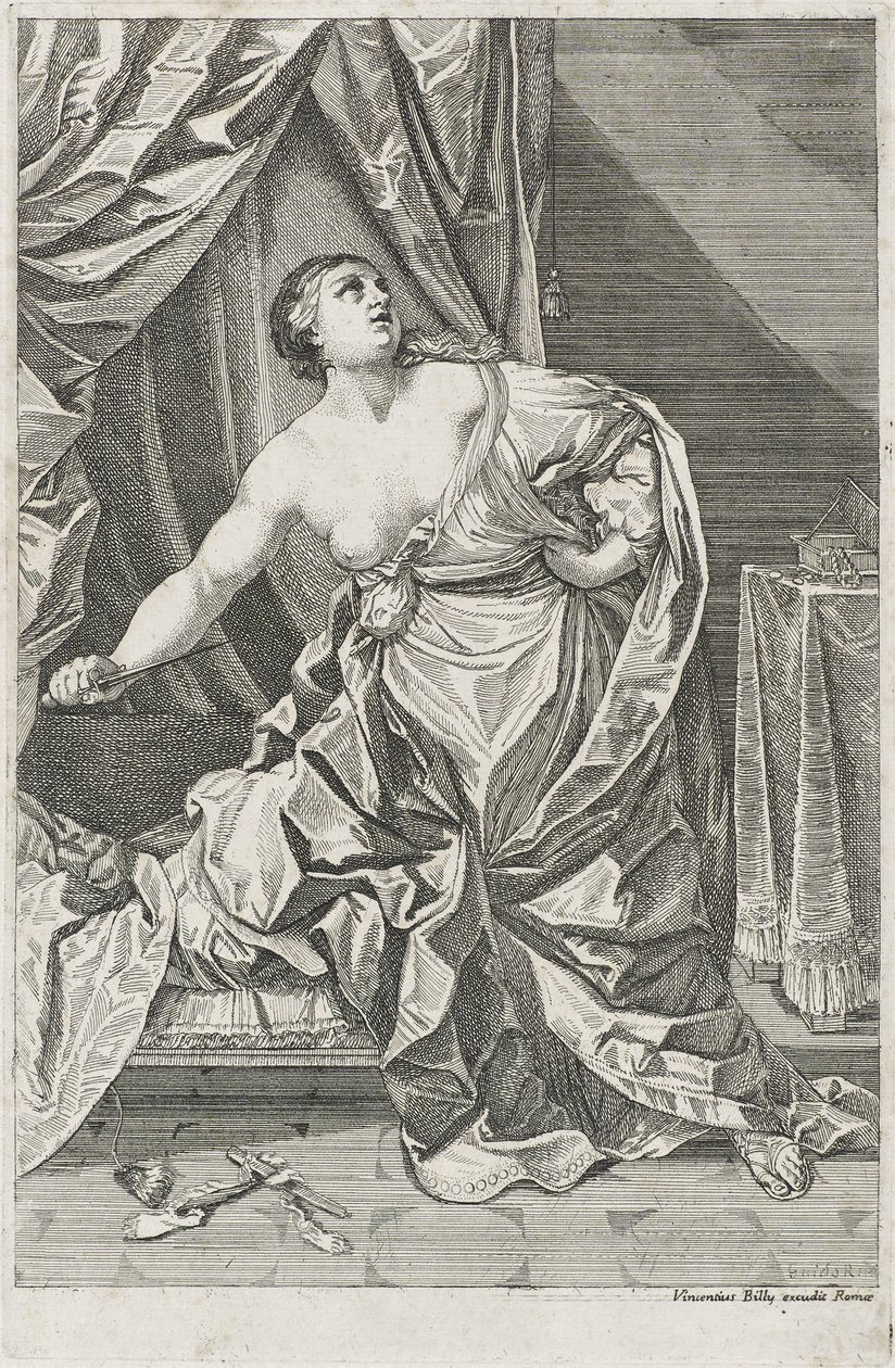 Lucretian kuolema, n. 1700-50 mahdollisesti Antonio Billy (aktiivinen 1700-luvun ensimmäinen puolisko) (etsaus paperille) tekijältä Guido after Reni