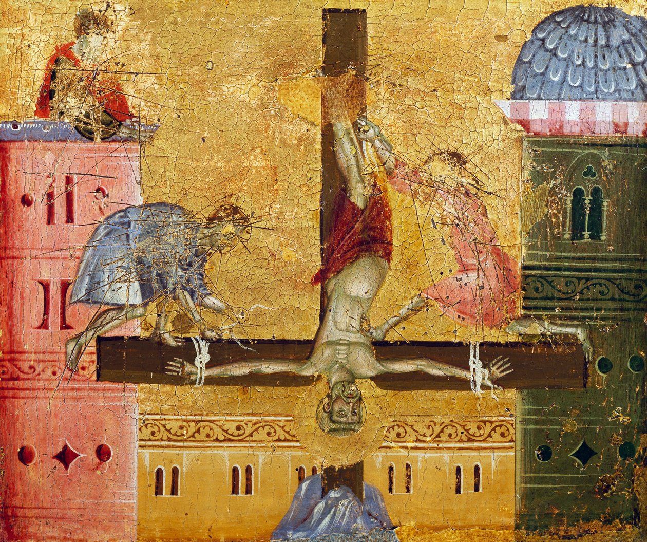 Pyhän Pietarin ristiinnaulitseminen, yksityiskohta Pyhän Pietarin paliotosta, Guido da Siena (aktiivinen noin 1250 - 1300), maalaus puulle. tekijältä Guido da Siena