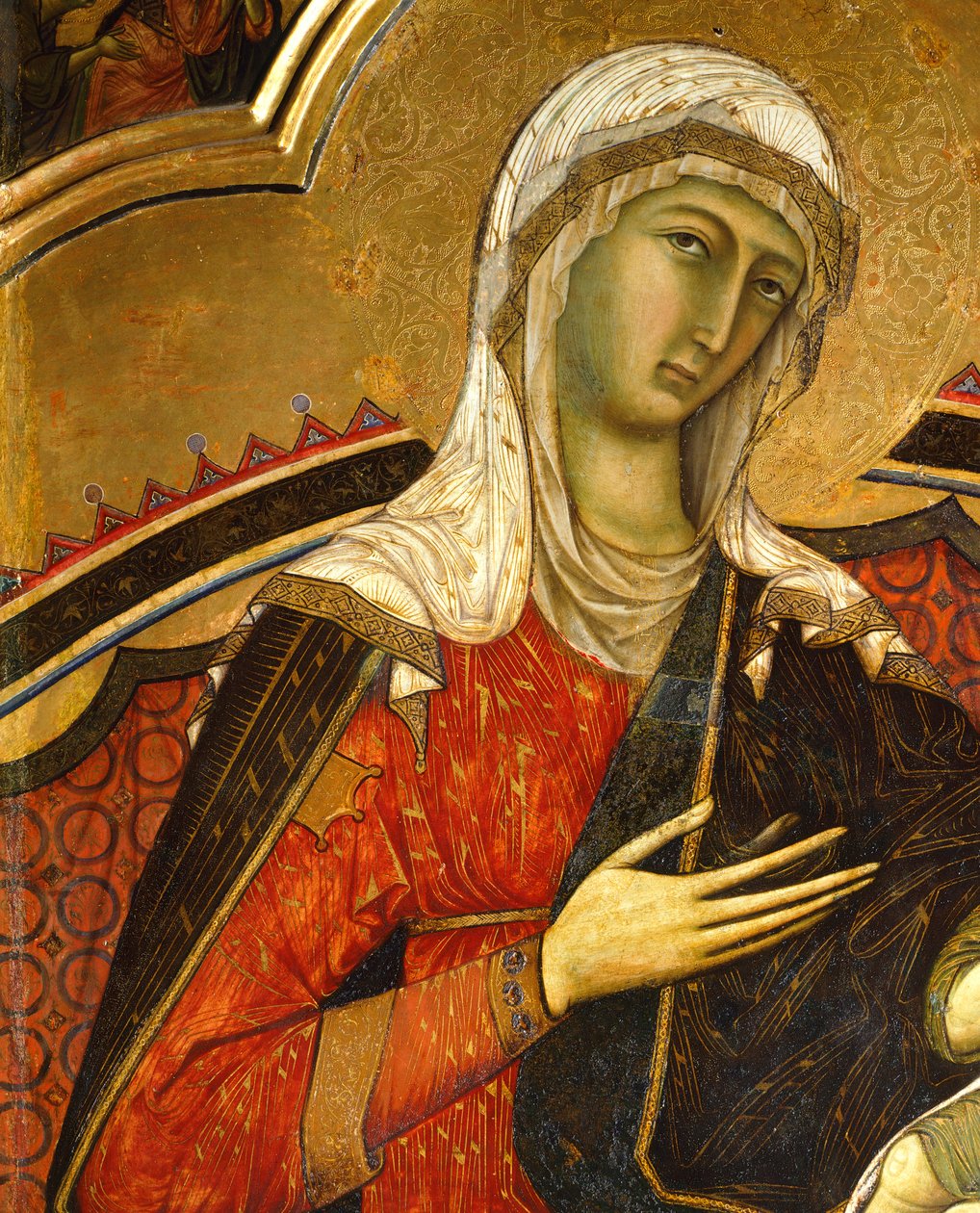 Marian kasvot, yksityiskohta Majestylta Guido da Siena (n. 1230-n. 1290), yksityiskohta, Hall of Pillars, Palazzo Pubblico (kaupungintalo), Siena tekijältä Guido da Siena