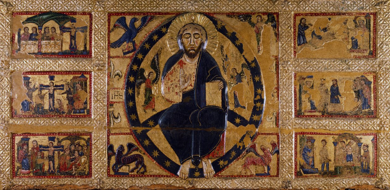 Lunastaja ja evankelistien symbolit, Guido da Sienan (toiminut n. 1250-1300), maalaus puulle. tekijältä Guido da Siena