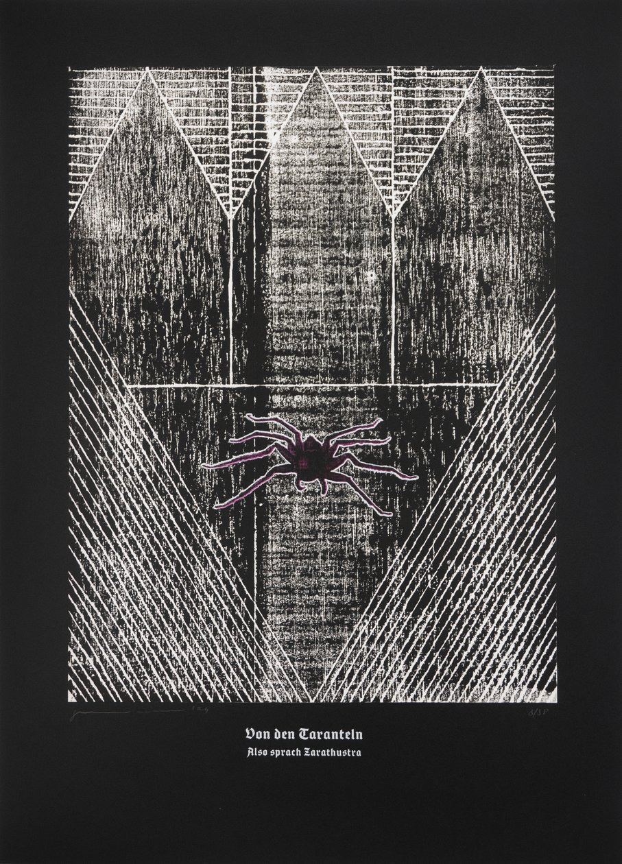 Tarantulasta, Näin puhui Zarathustra, 2024 (puupiirros ja silkkipaino) tekijältä Guilherme Pontes