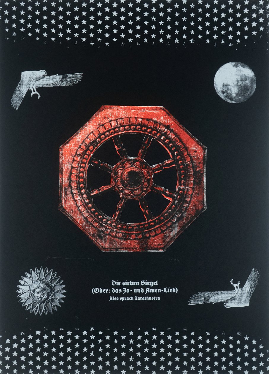 Seitsemän sinettiä (tai: Kyllä ja aamen -laulu),Näin puhui Zarathustra, 2025 (puupiirros ja silkkipaino) tekijältä Guilherme Pontes
