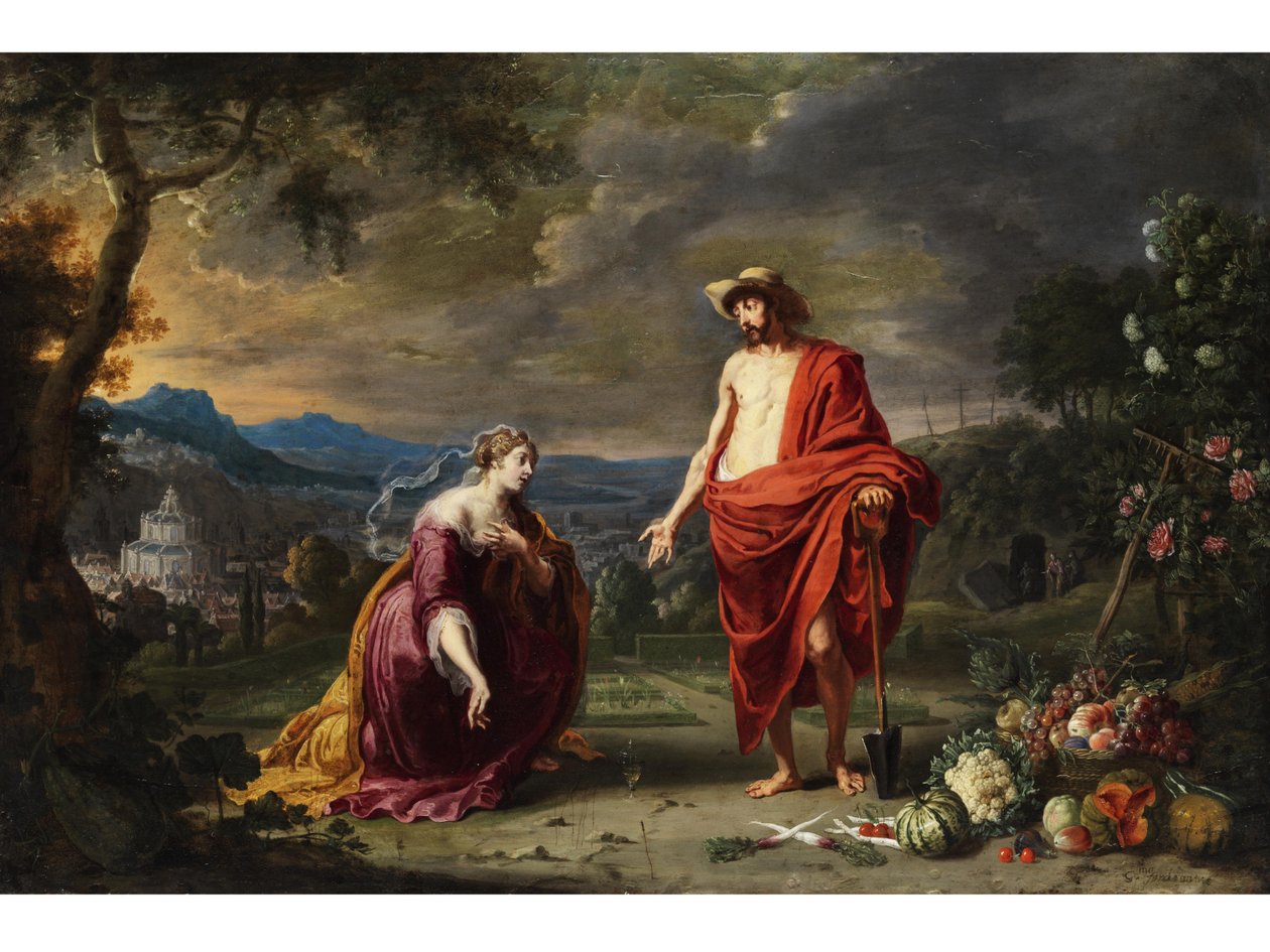 Jeesus ja Gärtner vor der knienden Maria Magdalena. tekijältä Guillam Forchondt