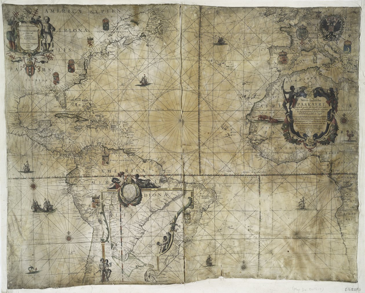 Hollannin Länsi-Intian yhtiön alueelliset omistukset, 1710 (käsinvärinen painatus vellum-paperille) tekijältä Guillaume and Jean Bleau