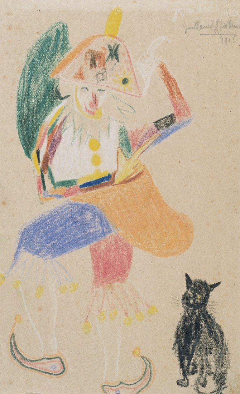 Klovni kaksisarvisessa kissan kanssa, Andre Rouveyrelle omistettu piirustus, 1916 (värillinen värikynä paperille) tekijältä Guillaume Apollinaire
