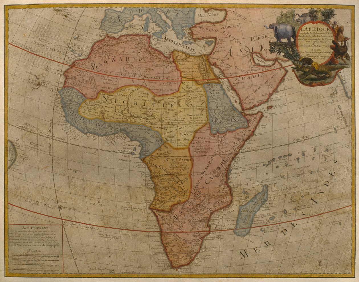 Afrikan kartta, julkaistu vuonna 1700, Pariisi (värikaiverrus) tekijältä Guillaume Delisle