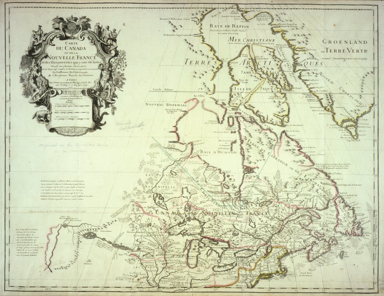 Kanadan kartta, julkaistu Pariisissa 1703 (käsin väritetty kaiverrus). tekijältä Guillaume Delisle