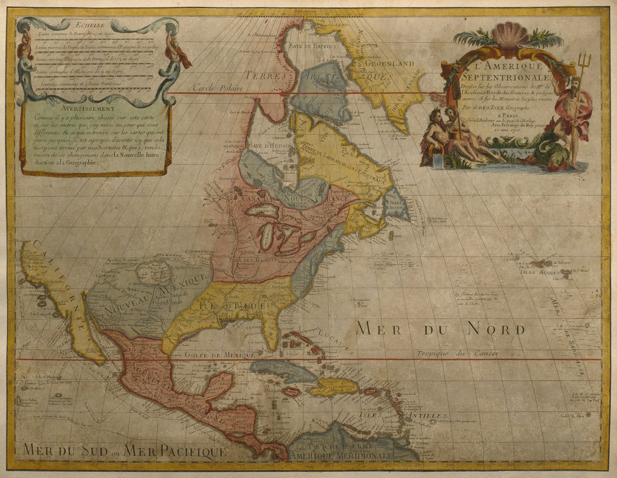Keski- ja Pohjois-Amerikan kartta, julkaistu vuonna 1700, Pariisi (värikaiverrus) tekijältä Guillaume Delisle
