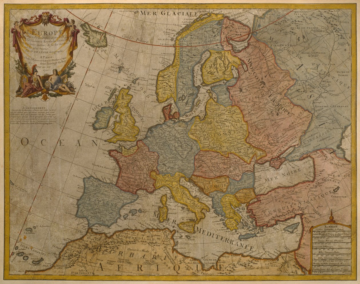 Euroopan kartta, julkaistu vuonna 1700, Pariisi (värikaiverrus) tekijältä Guillaume Delisle