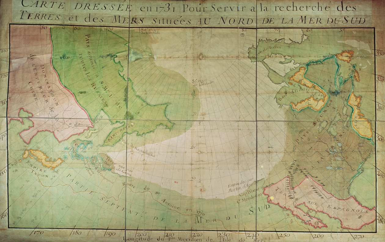 Kartta uusista löydöistä Etelämeren pohjoisosassa, Siperian itäpuolella ja Uuden Ranskan länsipuolella, 1731 tekijältä Guillaume Delisle
