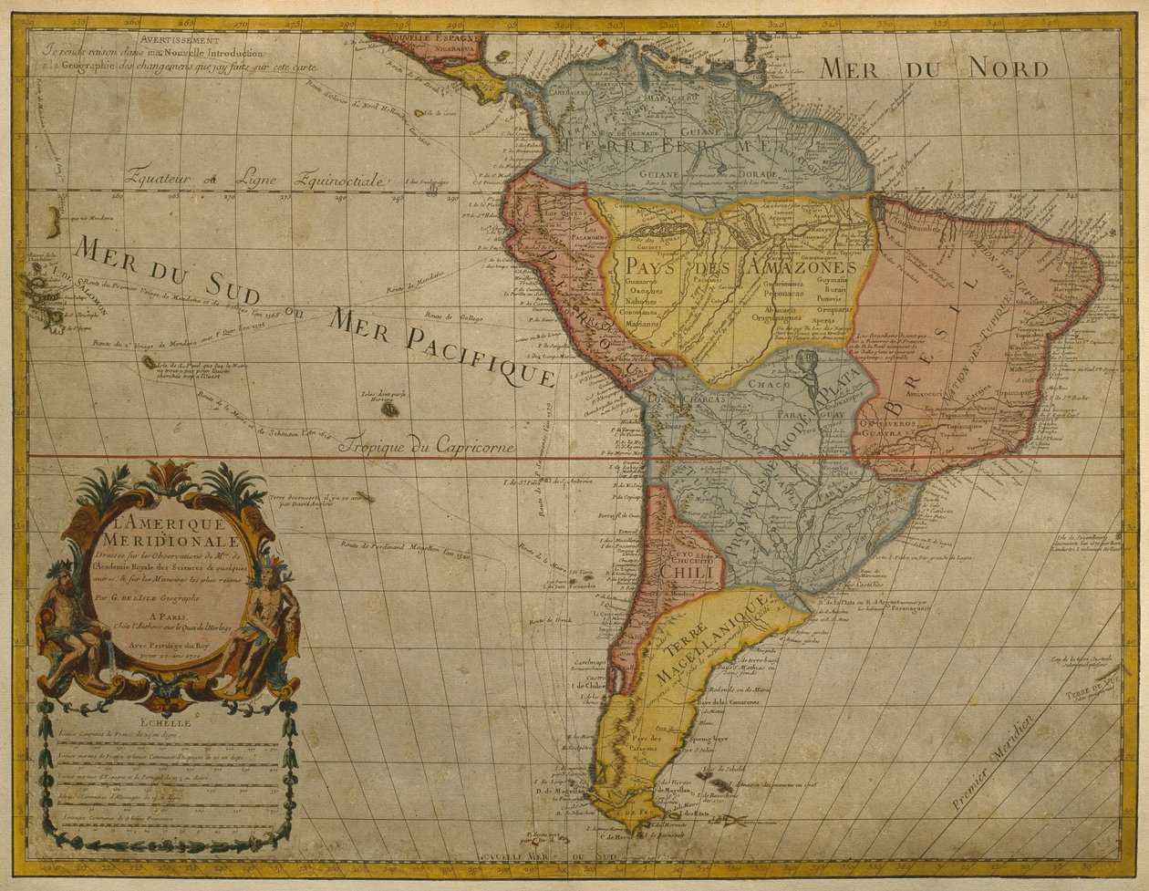 Etelä-Amerikan kartta, julkaistu vuonna 1700, Pariisi (värikaiverrus) tekijältä Guillaume Delisle