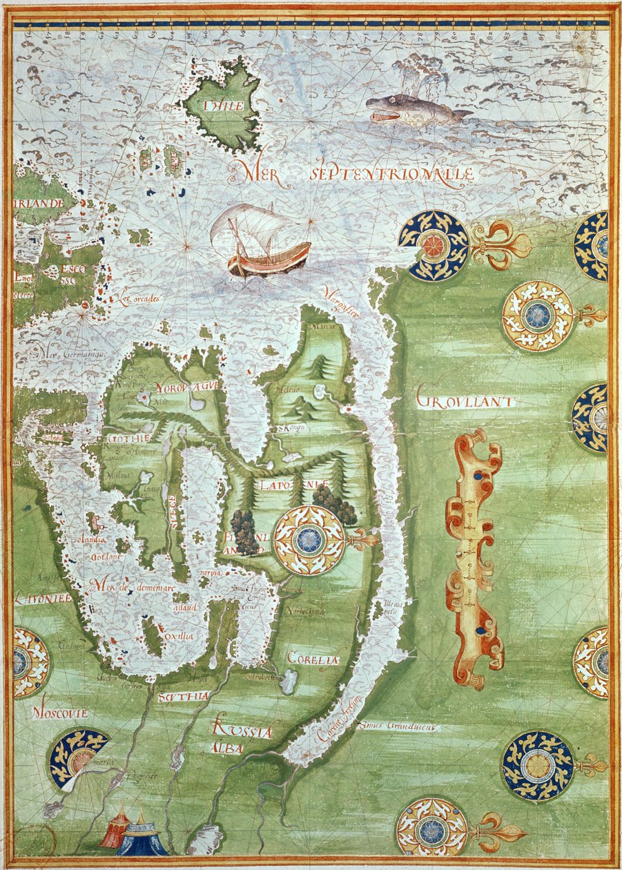 Fol.10v Skandinavian ja Pohjois-Venäjän kartta, teoksesta "Cosmographie Universelle", 1555. tekijältä Guillaume Le Testu