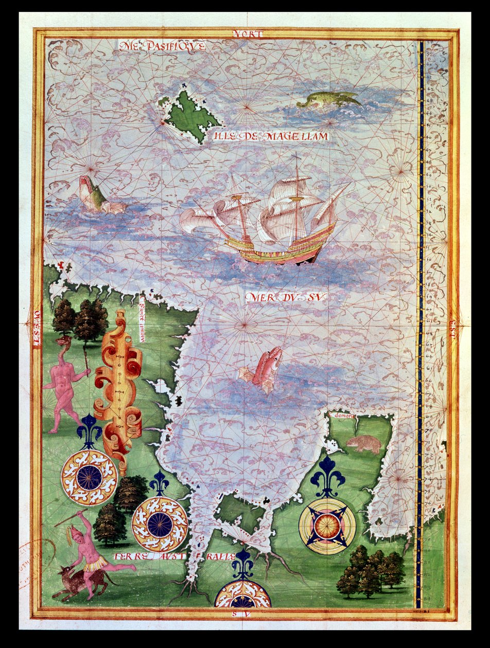 Fol.31v Australian ja Magellanin saaren kartta Cosmographie Universellesta, 1555 tekijältä Guillaume Le Testu