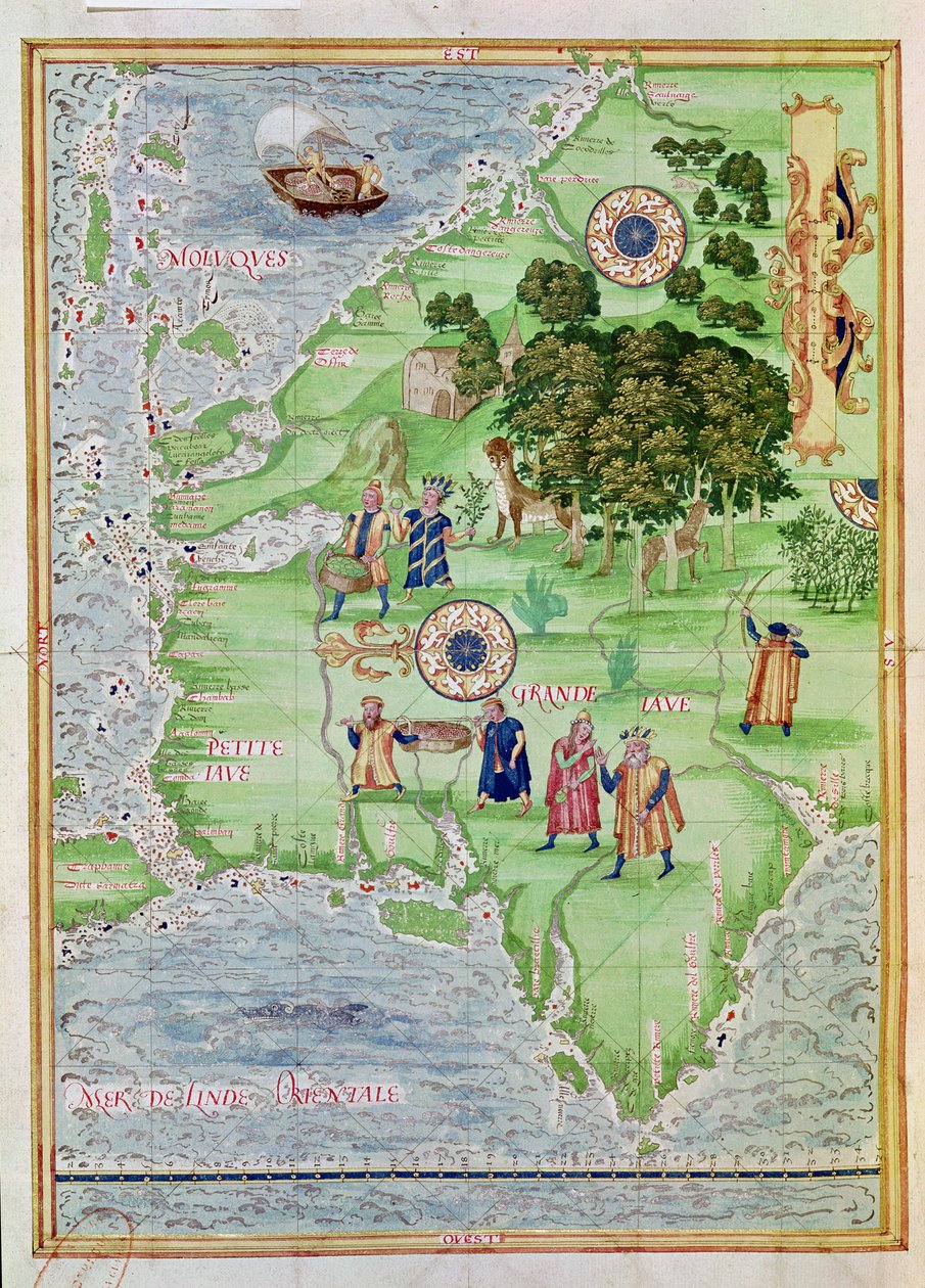 Fol.32v Maustekauppa Molokkien alueella, Cosmographie Universelle, 1555. tekijältä Guillaume Le Testu