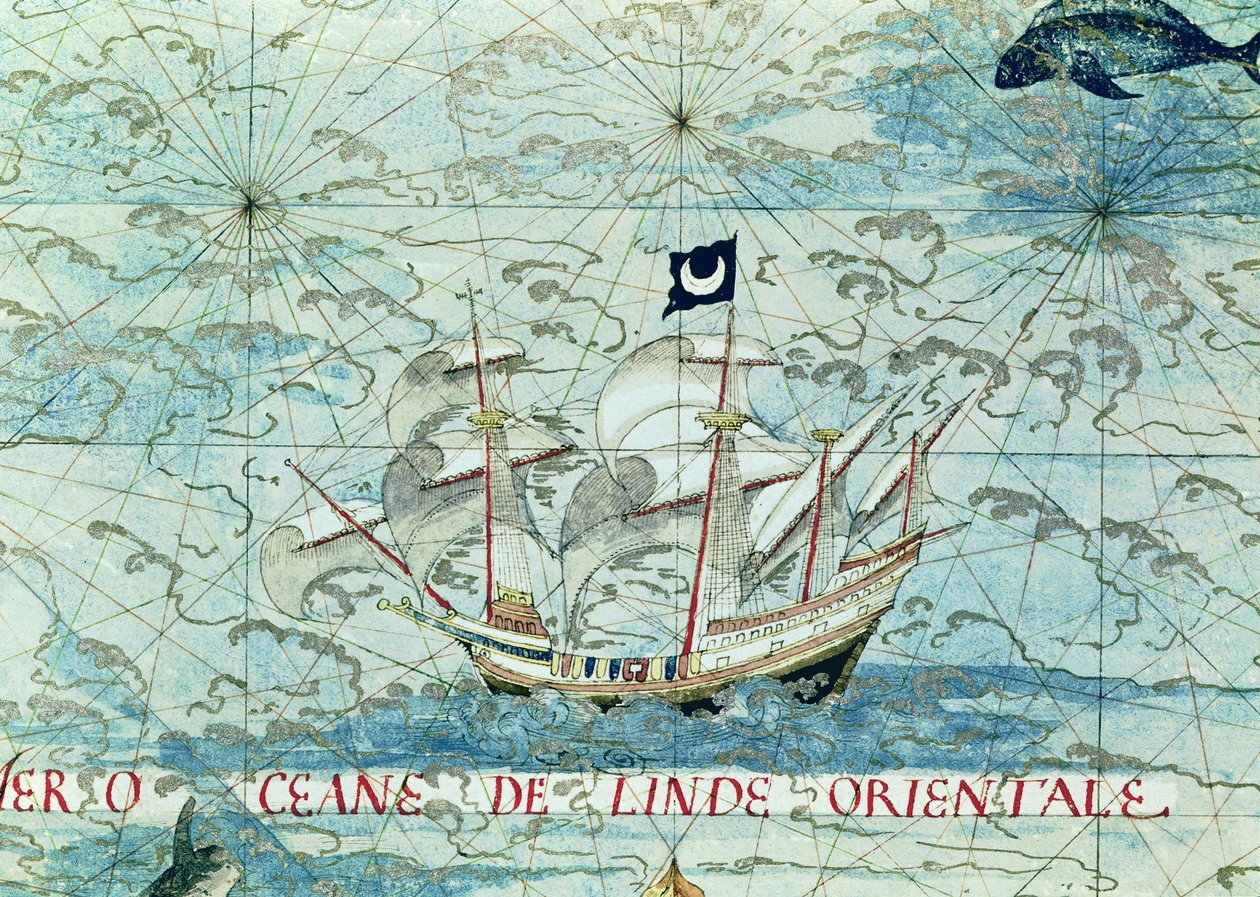 Fol.36v A Caravel, elokuvasta "Cosmographie Universelle", 1555 tekijältä Guillaume Le Testu