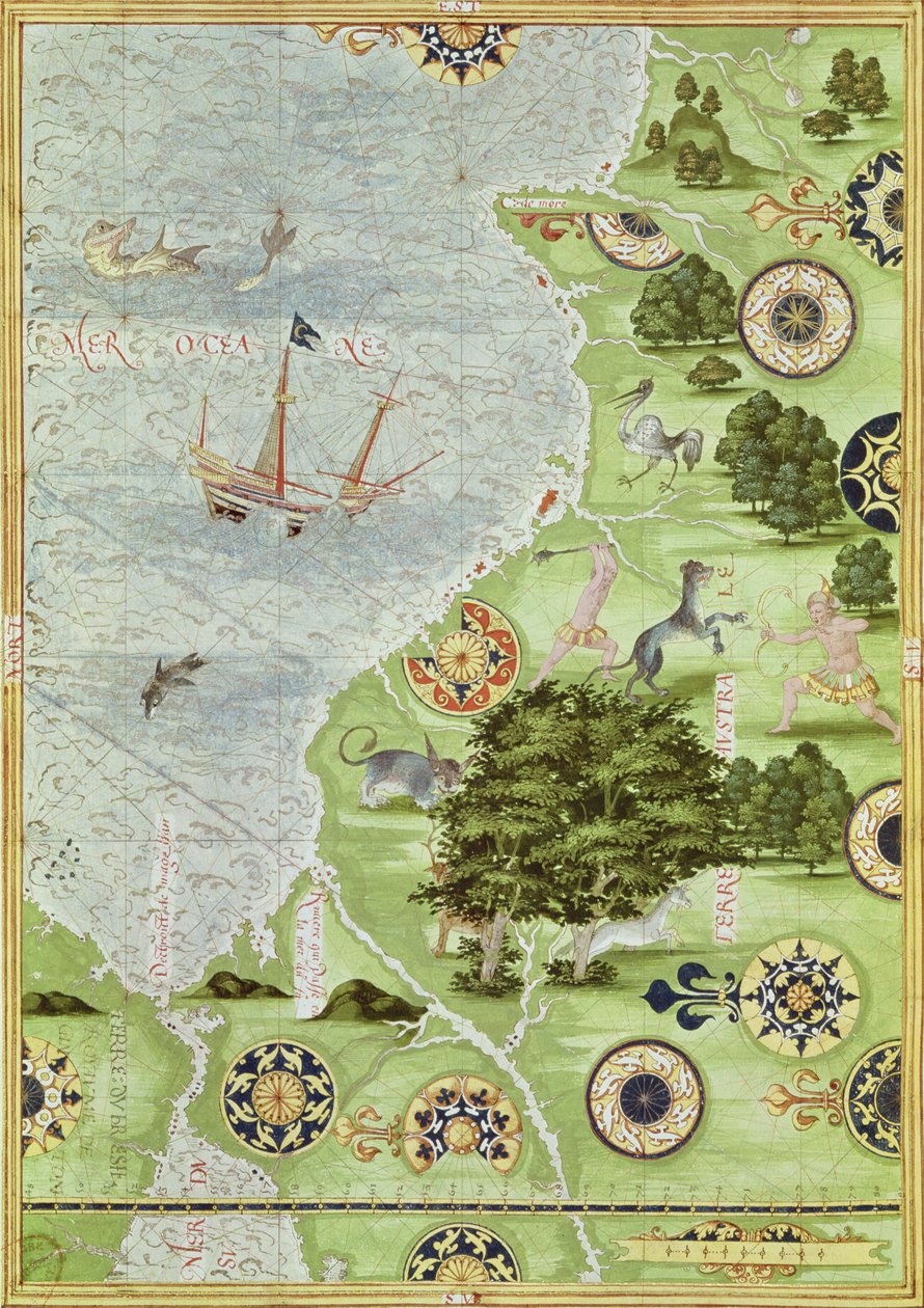 Fol.39v Kartta Magellanin salmista, teoksesta "Cosmographie Universelle", 1555. tekijältä Guillaume Le Testu