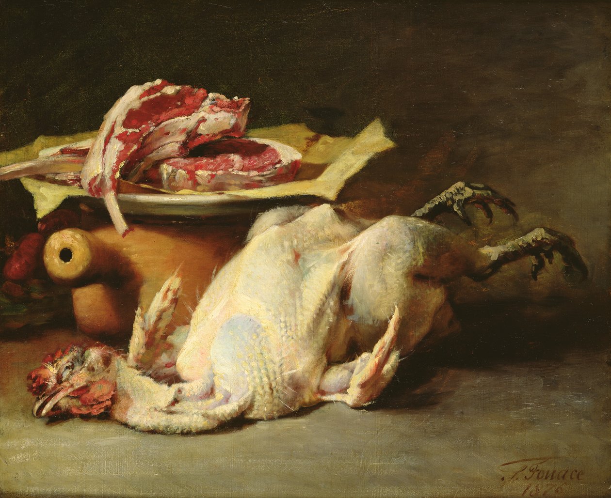 Kanan asetelma ja kotletit, 1876 tekijältä Guillaume Romain Fouace