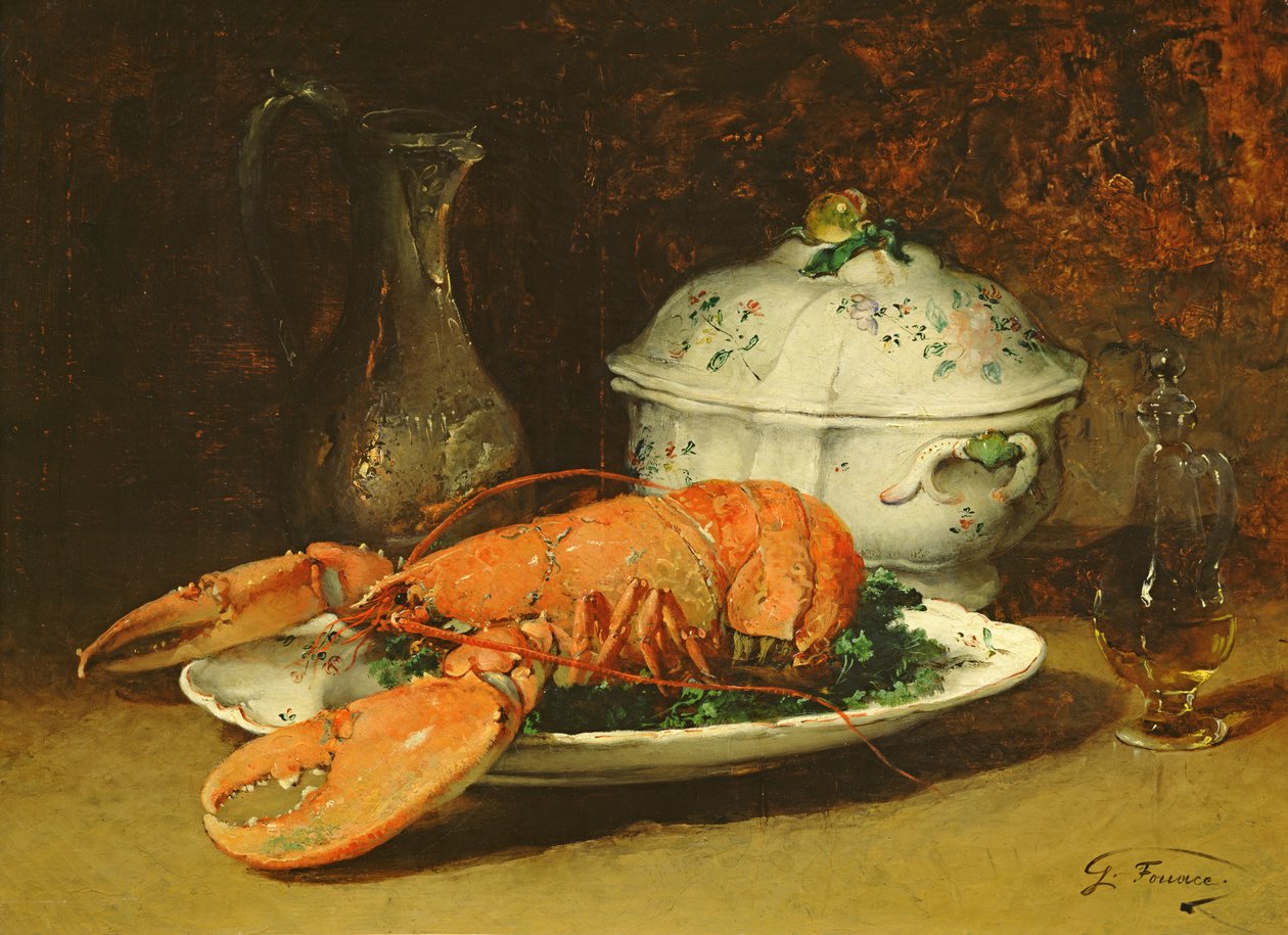 Asetelma hummerin ja keittotureen kanssa tekijältä Guillaume Romain Fouace
