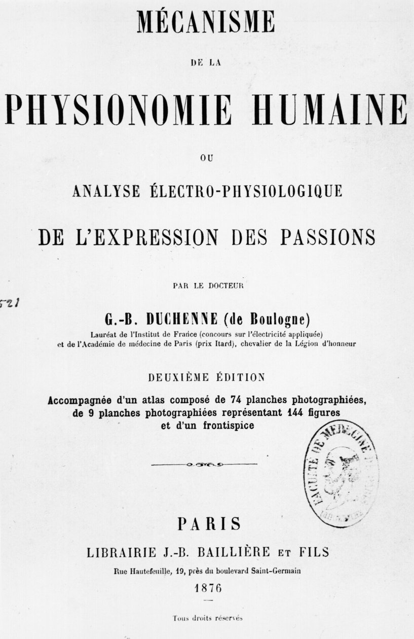 Duchenne de Boulognen "Ihmisen fysiognomian mekanismi tai intohimojen sähköfysiologinen analyysi" otsikkosivu, julkaistu 1876, Pariisi tekijältä Guillaume Benjamin Armand Duchenne de Boulogne