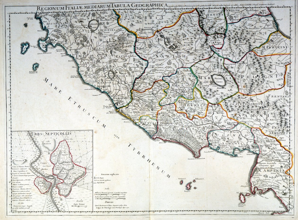 Historiallinen kartta Italian alueesta, jossa etruskit asuivat G. Delyslen atlasin jälkeen tekijältä Guillaume (after) Delisle