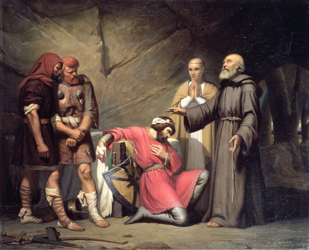 Normandian herttuan Robertin, joka tunnetaan nimellä Robert Paholainen, kääntymys, kohtaus Giacomo Meyerbeerin (1791-1864) oopperasta "Robert Paholainen", 1840. tekijältä Guillaume Alphonse Harang Cabasson