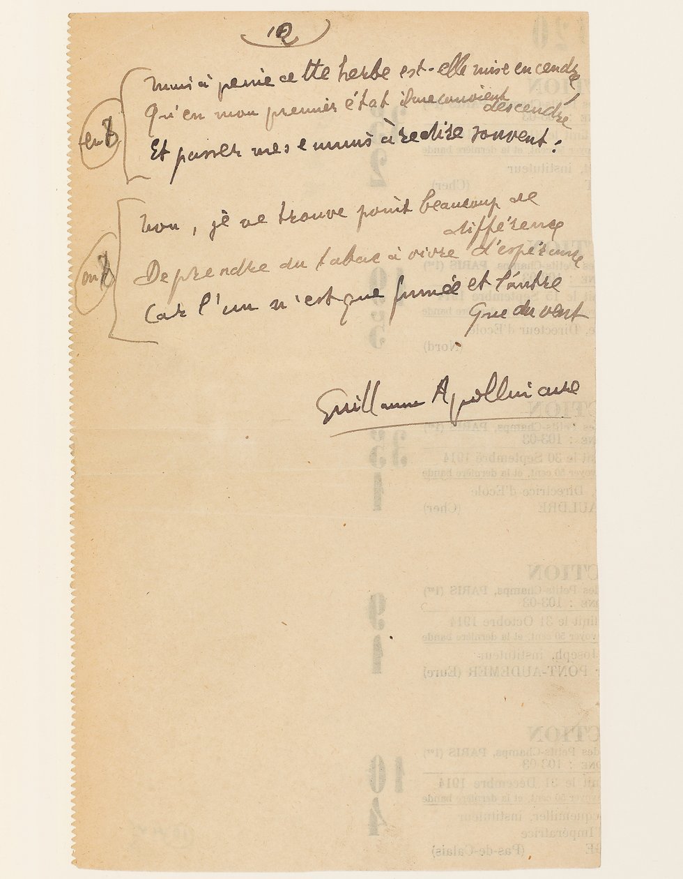 "Anekdoottinen elämä. "Kansainliiton hymni". Tupakka.", 15. elokuuta 1918 tekijältä Guillaume Apollinaire