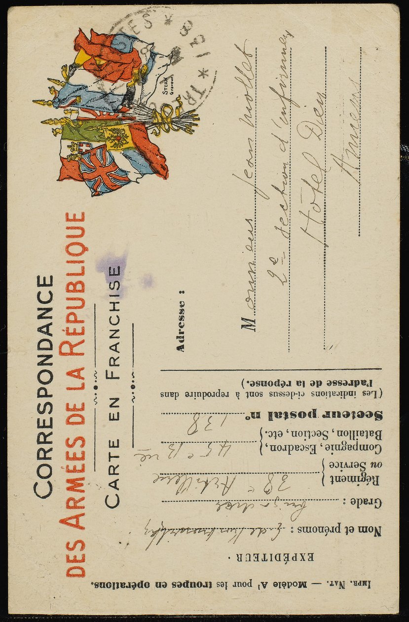 Nimikirjoituspostikortti Jean Molletille, 31. heinäkuuta 1915 tekijältä Guillaume Apollinaire