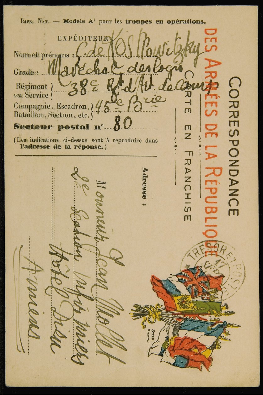 Nimikirjoituspostikortti Jean Molletille, päivätty 16. syyskuuta 1915 tekijältä Guillaume Apollinaire
