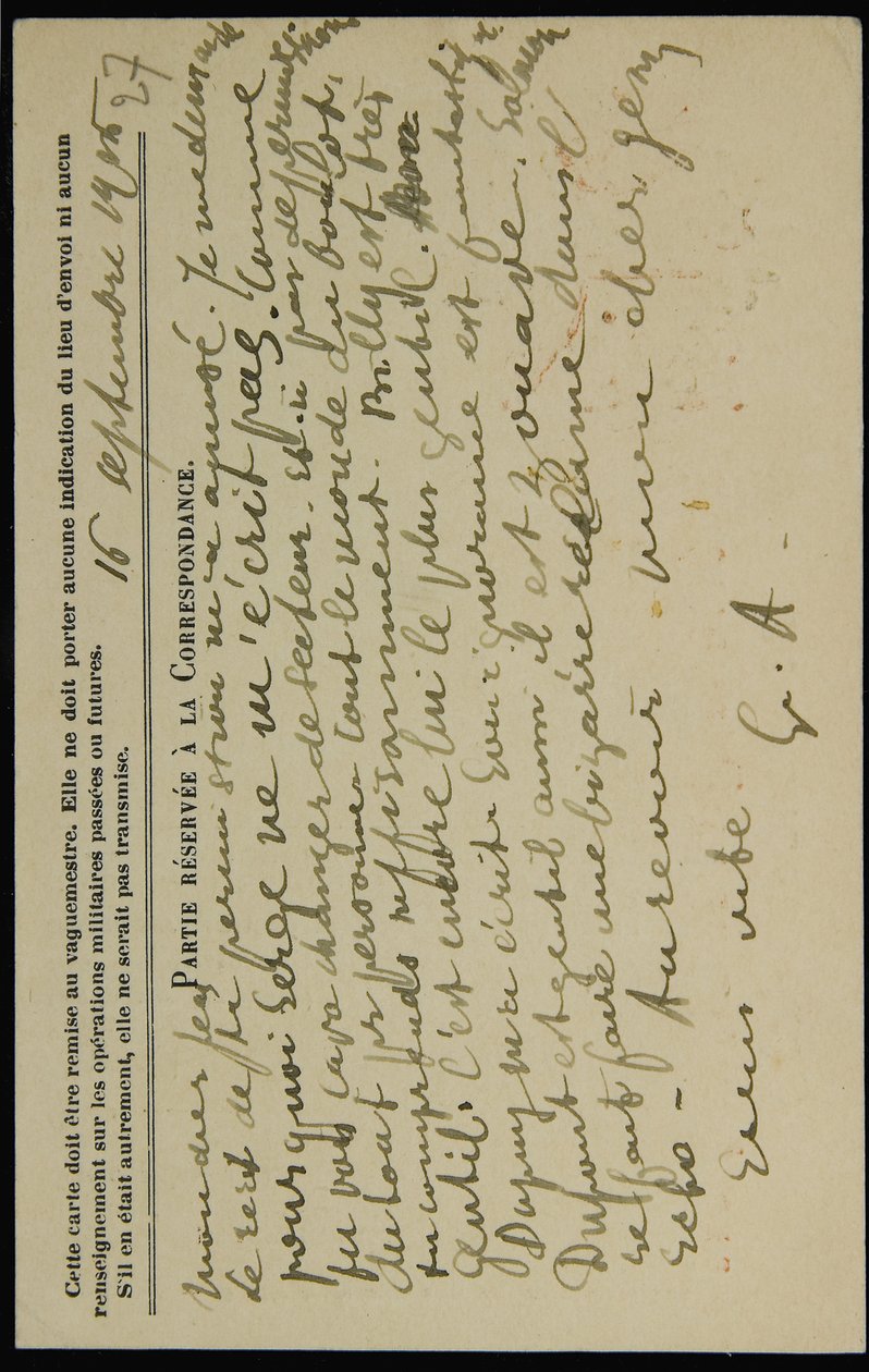 Nimikirjoituspostikortti Jean Molletille, päivätty 16. syyskuuta 1915 tekijältä Guillaume Apollinaire