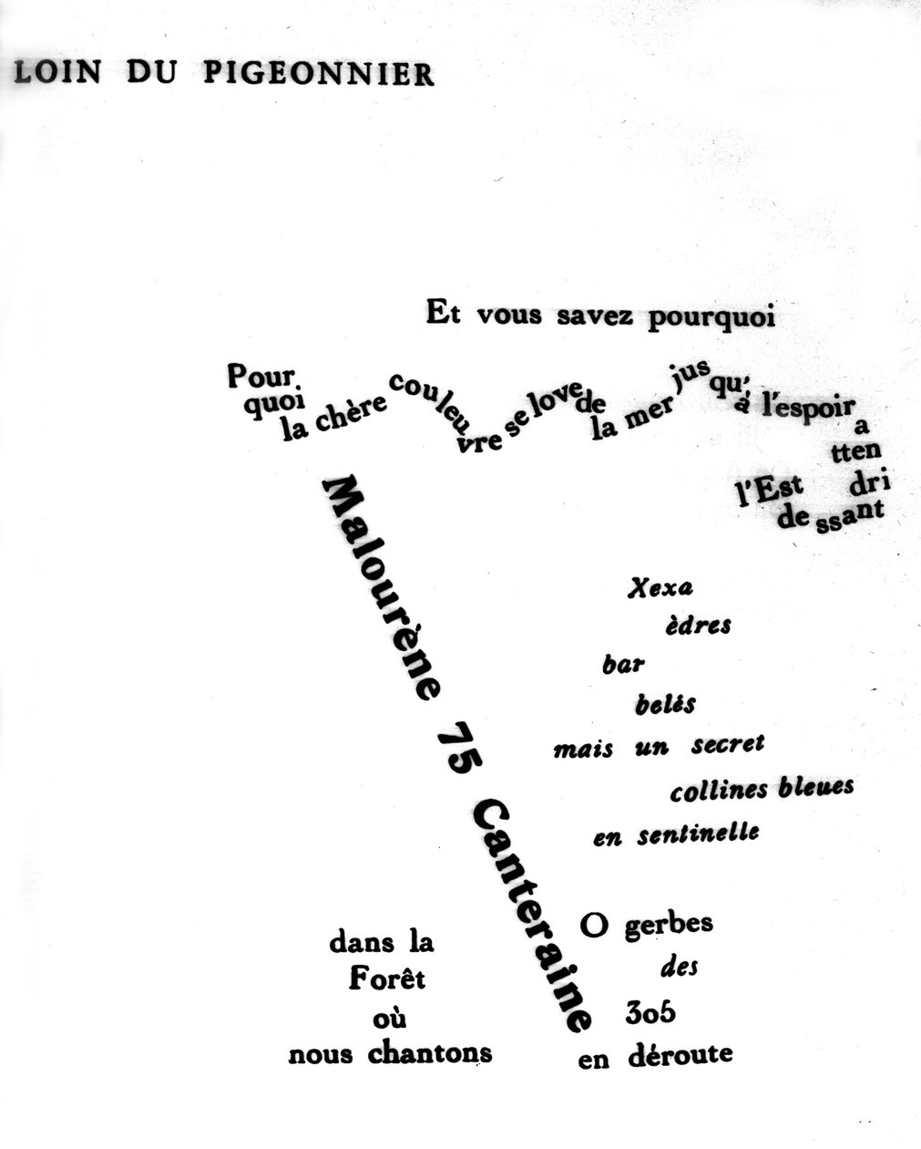 Guillaume Apollinairen (1880-1918) kalligrammi: "" Kaukana kyyhkynen"" tekijältä Guillaume Apollinaire