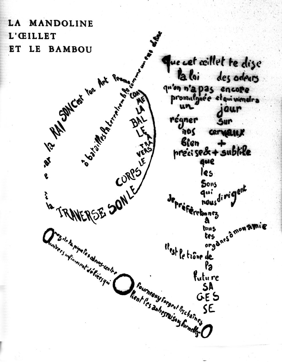 Guillaume Apollinairen (1880-1918) kalligrammi: "Mandoliini, neilikka ja bambu" tekijältä Guillaume Apollinaire