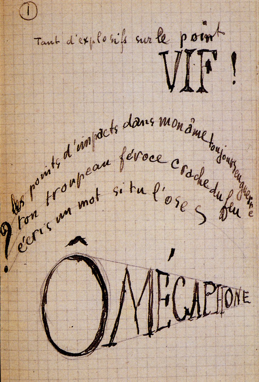 Kalligrammi Guillaume Apollinaire - tekstillä "" Puuvilla korvissa ", 17 lehden nimikirjoitus tekijältä Guillaume Apollinaire