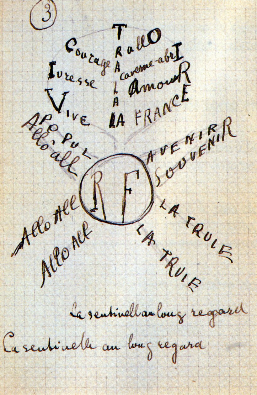 Guillaume Apollinairen kalligrammi - tekstillä "" Puuvilla korvissa"", 17 lehden nimikirjoitus tekijältä Guillaume Apollinaire