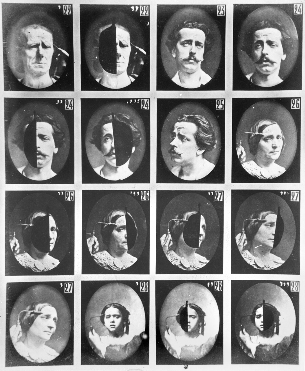Fysiognomiset tutkimukset, 22-28, Duchenne de Boulognen teoksesta "Ihmisen fysiognomian mekanismi tai intohimojen sähköfysiologinen analyysi", julkaistu 1876, Pariisi tekijältä Guillaume Benjamin Armand Duchenne de Boulogne