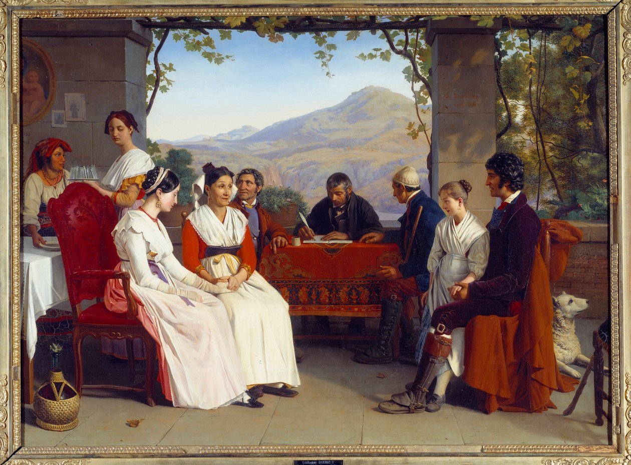 Italian seura: "" Avioliittosopimus Italiassa vuonna 1831"" Guillaume Bodinier (1795-1872) maalaus 1831 su. 10x1,38 m tekijältä Guillaume Bodinier