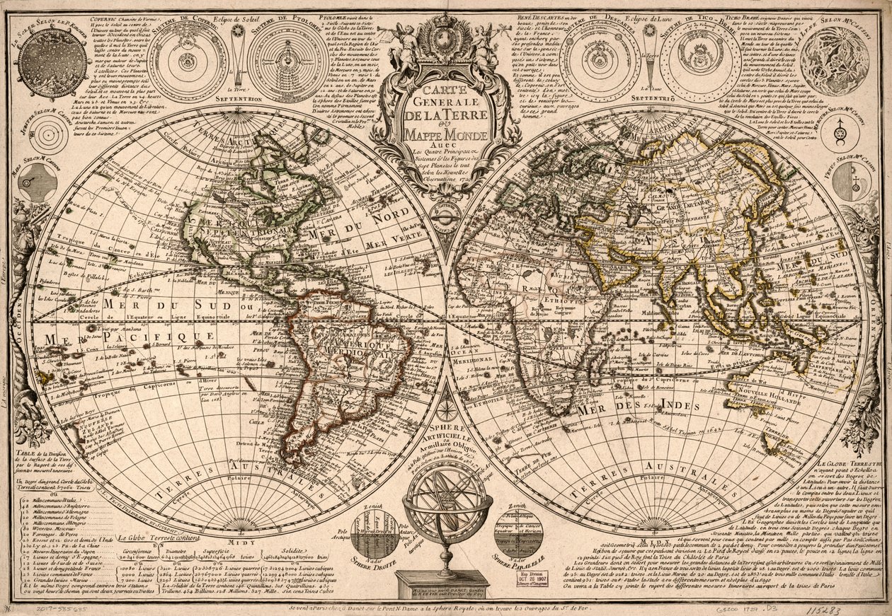 Carte generale de la terre - ou mappe monde auec les quatre principau  sistemes  les figures des sept planetes le tout selon les nouvelles obseruations. LOC 2017585685 tekijältä Guillaume Danet