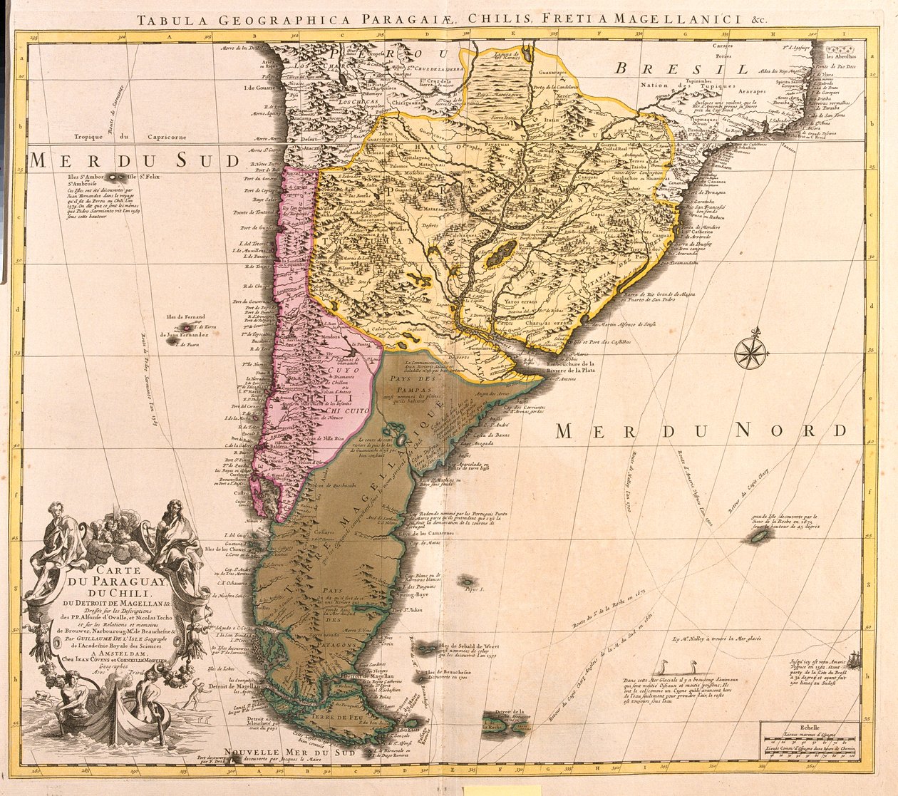 Chile (lukuun ottamatta pohjoisosaa), Argentiina, Paraguay, Uruguay, Brasilian etelä-länsiosat, Falklandinsaaret. tekijältä Guillaume Delisle
